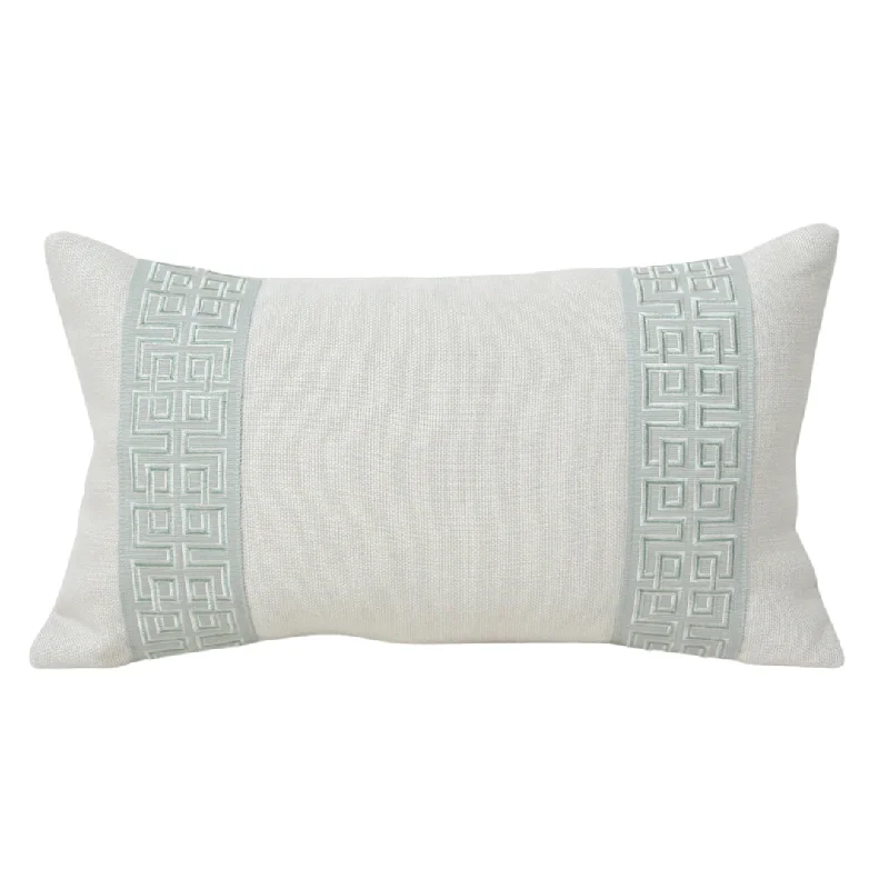 Light Greige Linen with Muted Aqua Fretwork Trim (Limited)