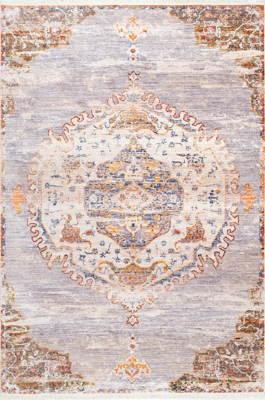 Frilly Ornate Medallion Fringe Rug | Grey