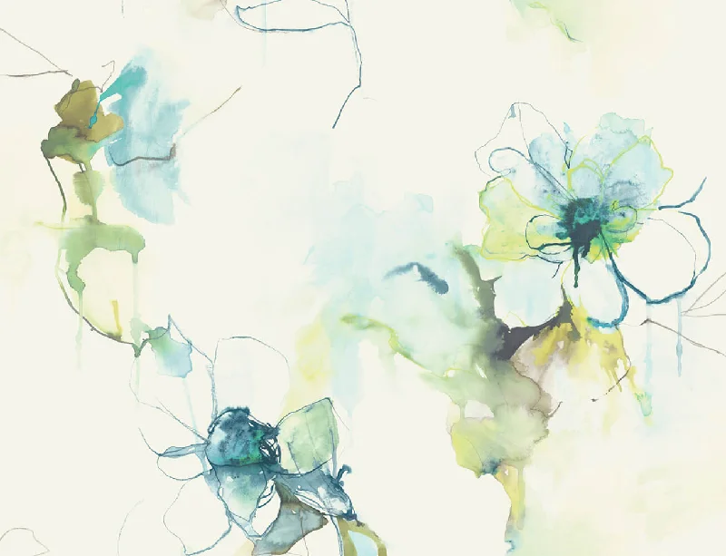 Anemone Watercolor Floral Wallpaper in Glacier Blue and Pear from the Living With Art Collection