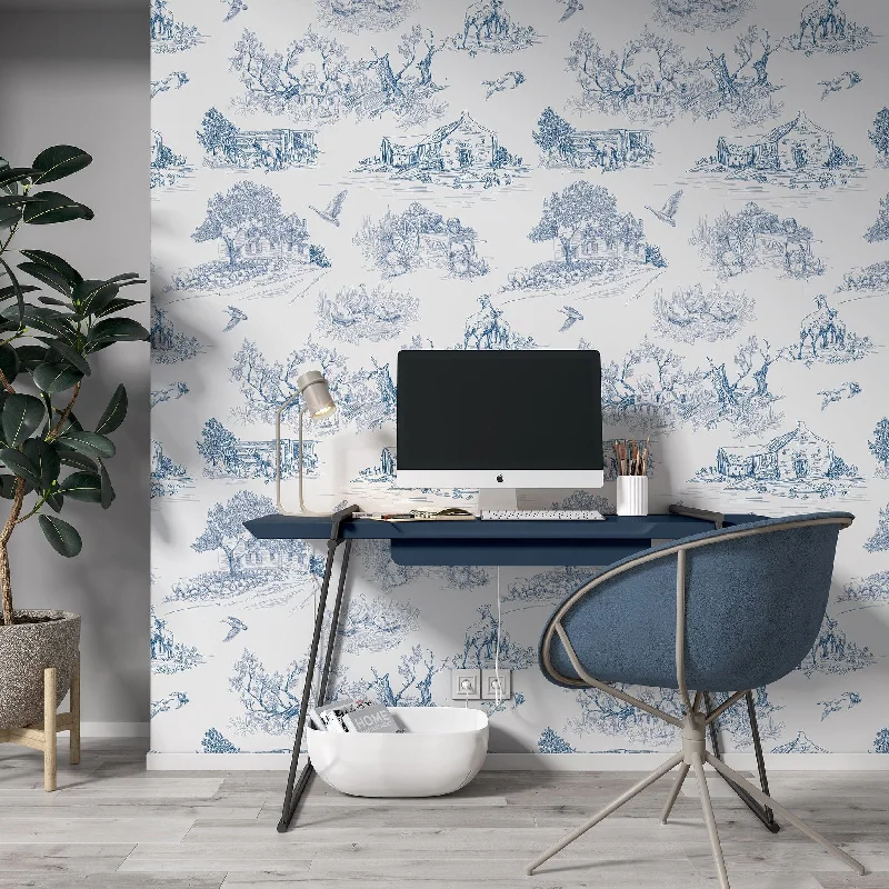 Blue French Toile Wallpaper