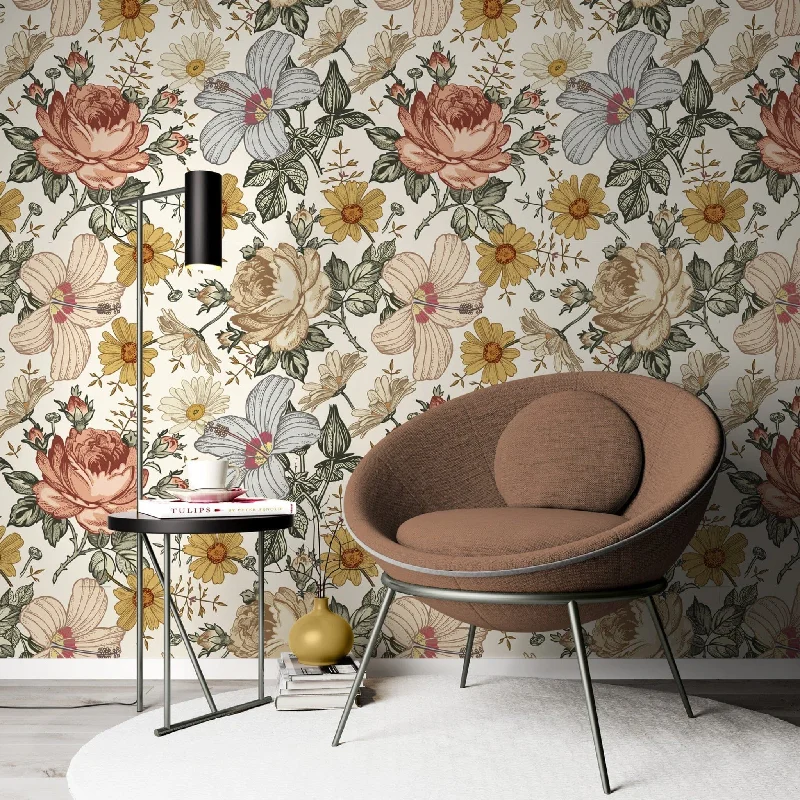 Chamomile Rose Hibiscus Flower Vintage Wallpaper