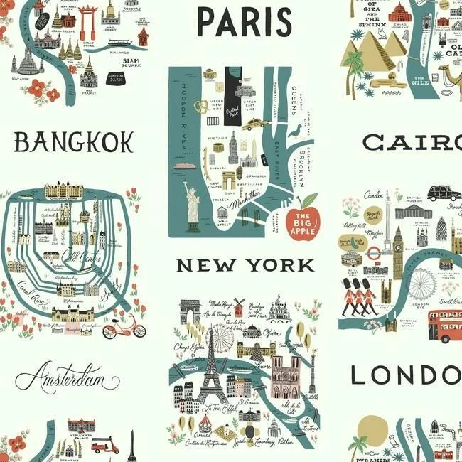 City Maps Wallpaper in Blue and Red from the Rifle Paper Co. Collection