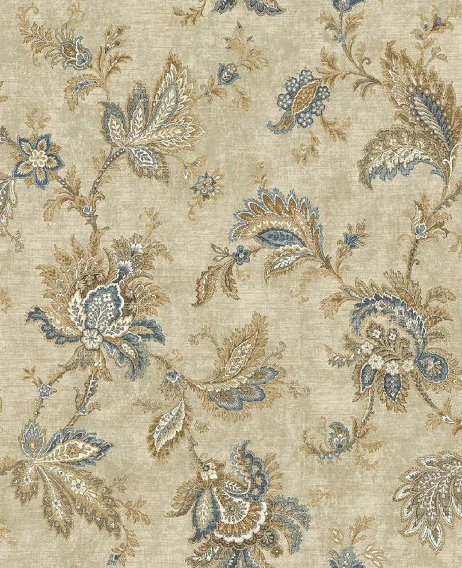 Classical Jacobean Wallpaper in Warm Blue from the Caspia Collection