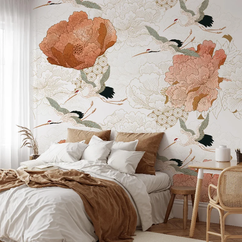 Crane Mural Wallpaper - Japanese Floral Wallpaper Mural - Vintage Peel and Stick Wallpaper