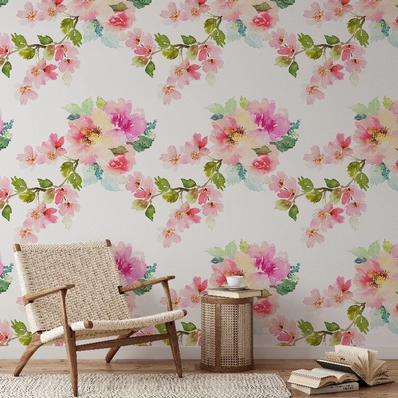 Delicate watercolor spring flowers wallpaper mural