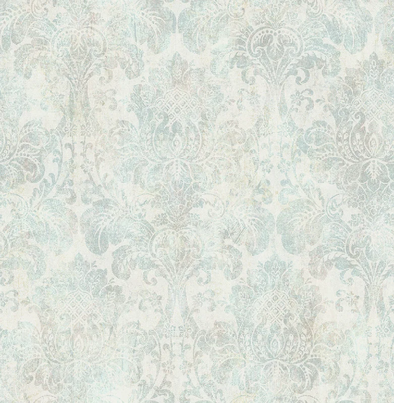 Distressed Damask Wallpaper in Vintage Blue from the Vintage Home 2 Collection