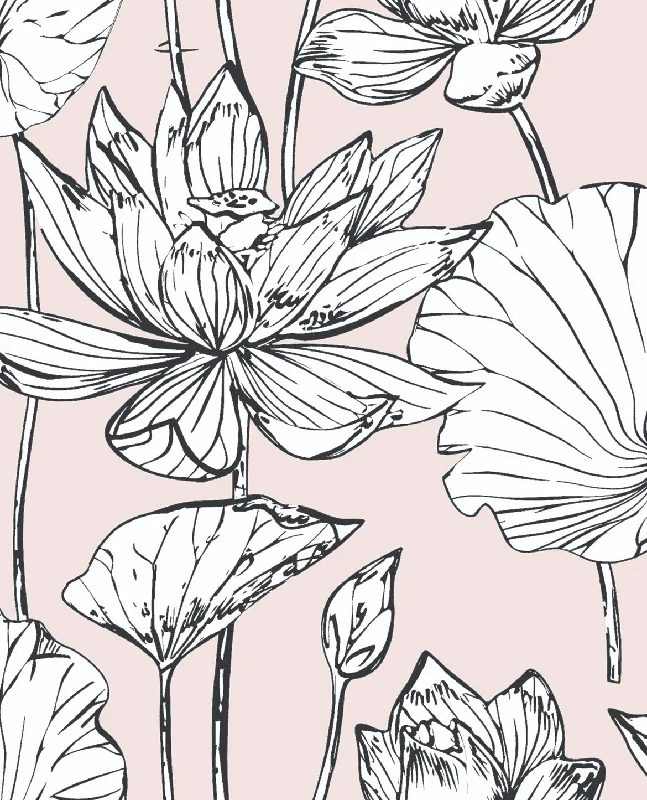 Lotus Floral Peel-and-Stick Wallpaper in Blush and Ebony