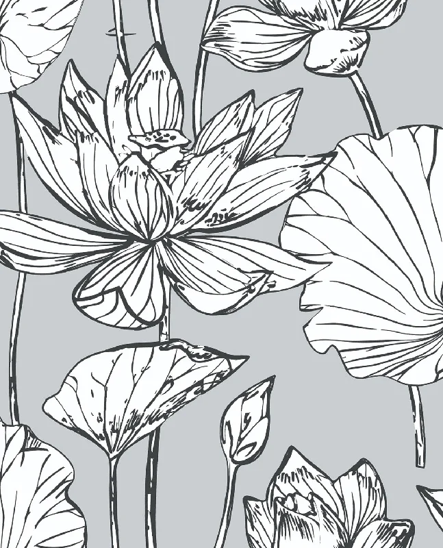 Lotus Floral Peel-and-Stick Wallpaper in Grey and Ebony