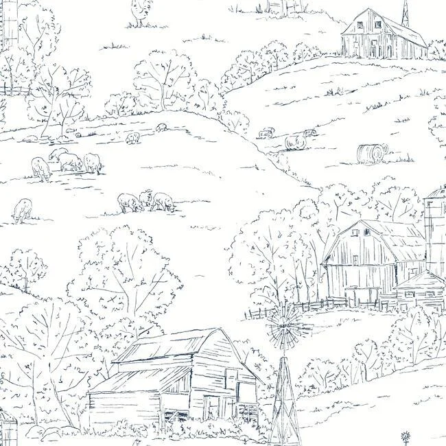 Pasture Toile Wallpaper in Navy and White from the Simply Farmhouse Collection