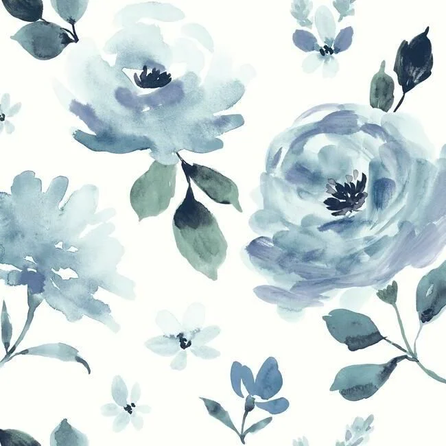 Watercolor Blooms Peel & Stick Wallpaper in Blue by York Wallcoverings