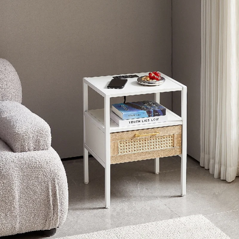 15.75inch Rattan End Table Modern Nightstand With Drawer Storage Shelf And Solid Metal Legs, Side Table