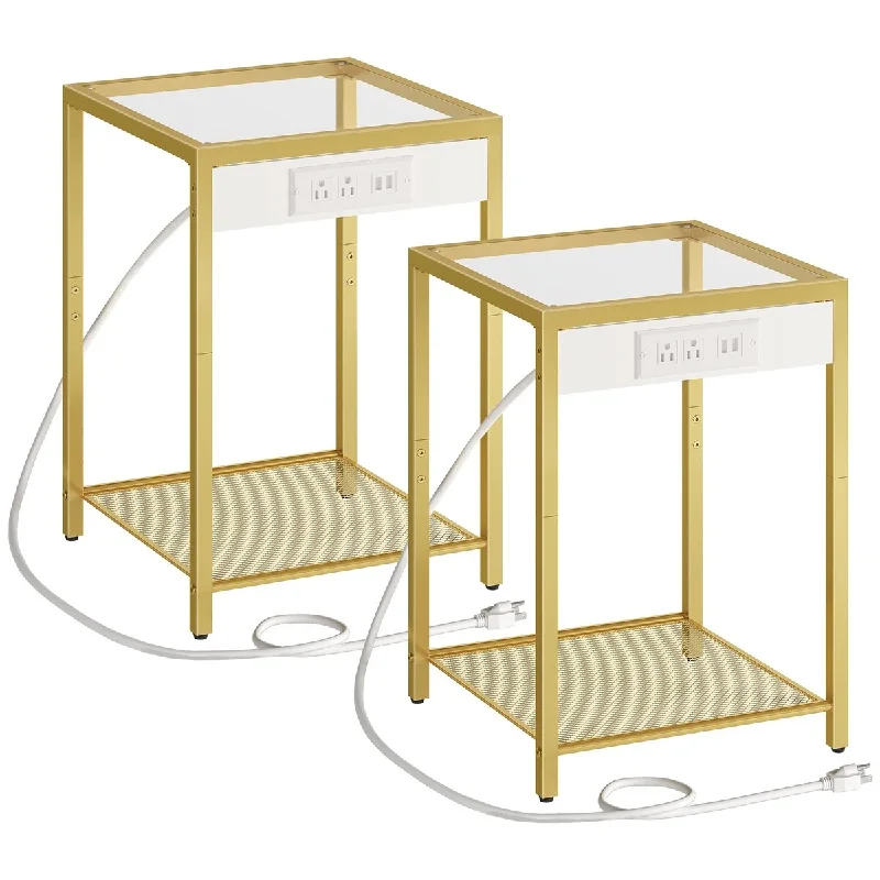 2-Tier Side Table with Charging Station, Set of 2 End Tables with USB Ports, Nightstand for Tight Spaces, Tempered Glass