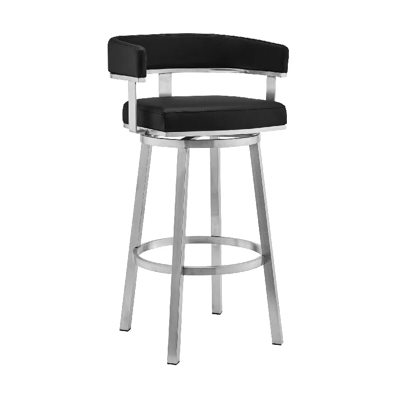 34" Faux Leather Swivel Low Back Counter Height Bar Chair - Black / Silver