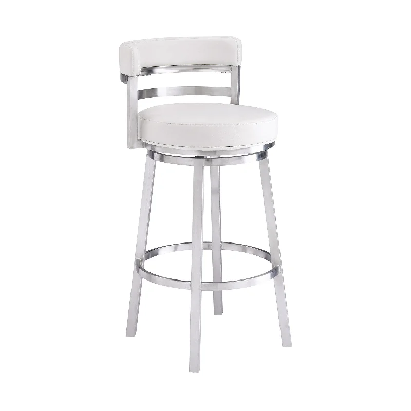 39" Faux Leather Swivel Low Back Bar Height Bar Chair - White / Silver