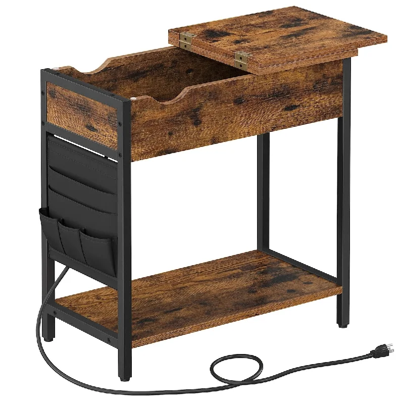 able with Storage, End Table with USB Ports and Outlets, Nightstand with Charging Station, Fabric Bags, for Living Room