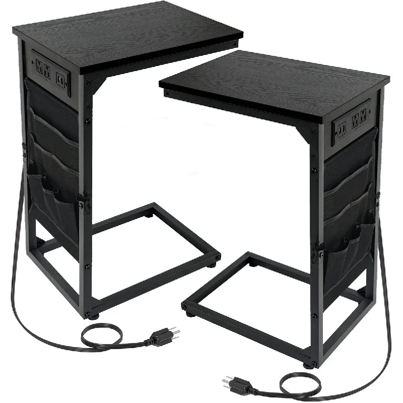 C Shaped End Table with Charging Station Set of 2,Side Table with USB Ports and Outlets for Small Spaces,