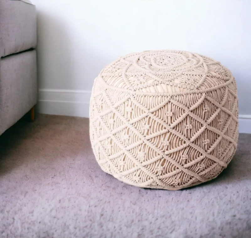 Cotton Blend Round Floral Pouf Ottoman - Ivory