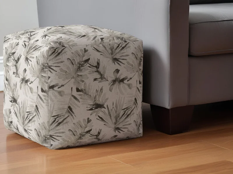 Cotton, Floral Pouf Ottoman - Beige