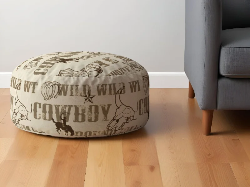 Cotton Round Animal Print Pouf Ottoman - Brown