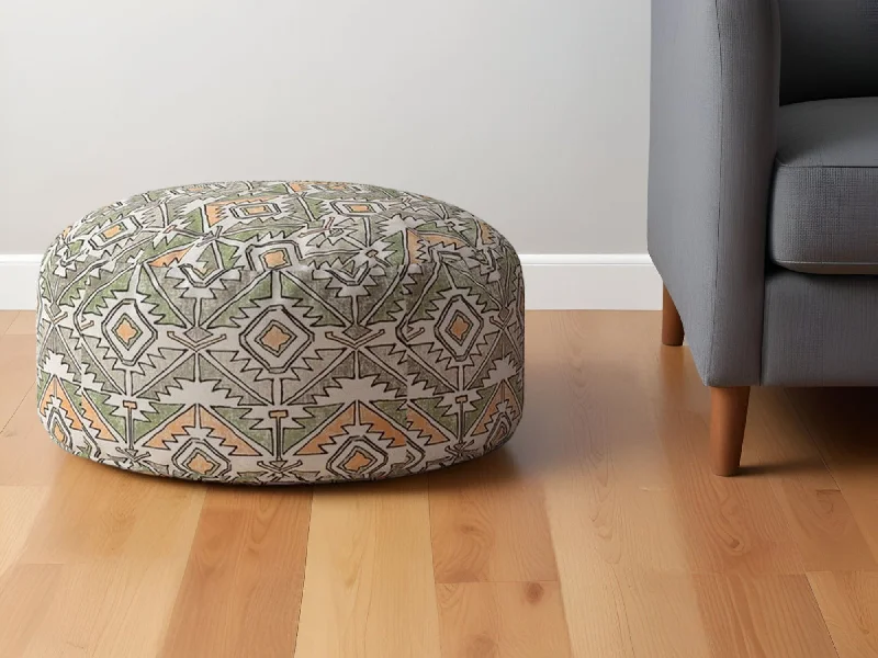 Cotton Round Damask Pouf Ottoman - Orange