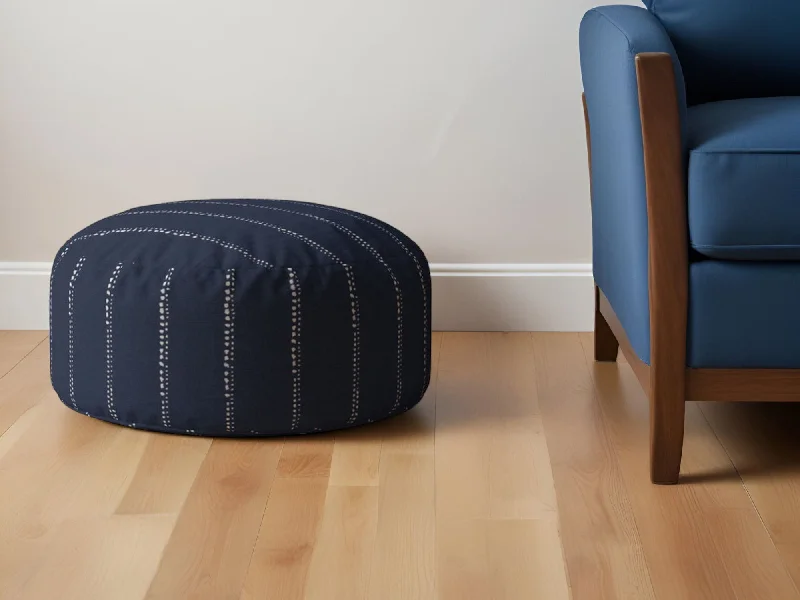 Cotton Round Striped Pouf Ottoman - Blue