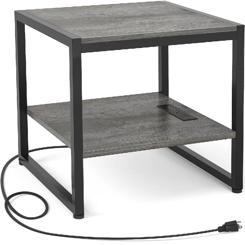 End Table with Charging Station, 20 Inch Square Side Table with USB Ports & Power Outlets, Grey Nightstand with 2-Tier Storage