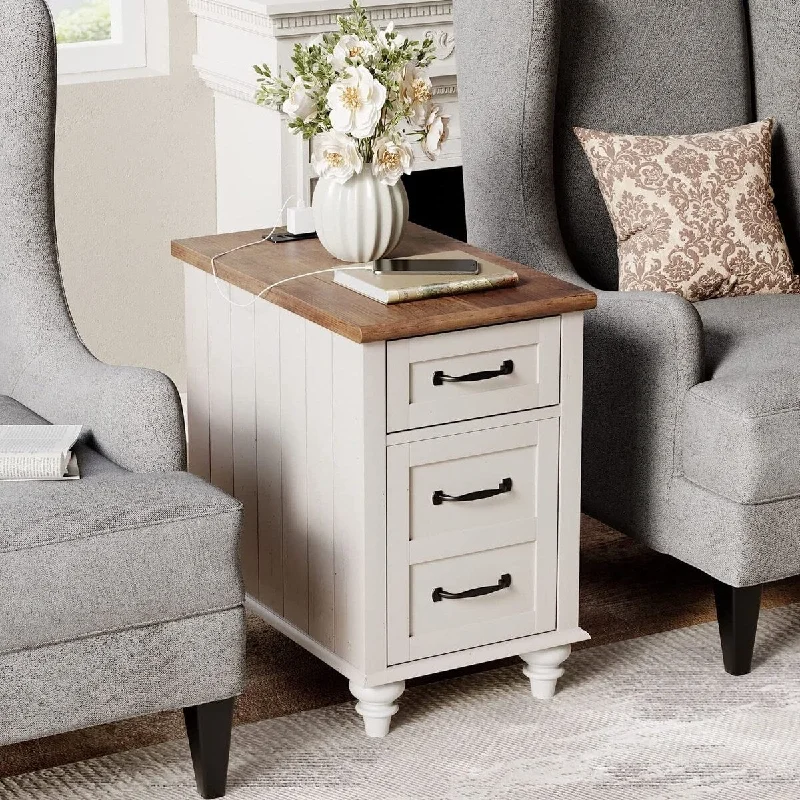 End Table with Charging Station,Farmhouse Side Table with Storage Drawer and Cabinet,2 Power outlets & 2 USB Ports