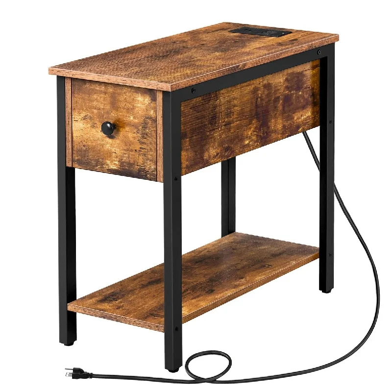 End Table with Charging Station, Narrow Side Table with Drawer, USB Ports and Power Outlet, Nightstand for Small Spaces