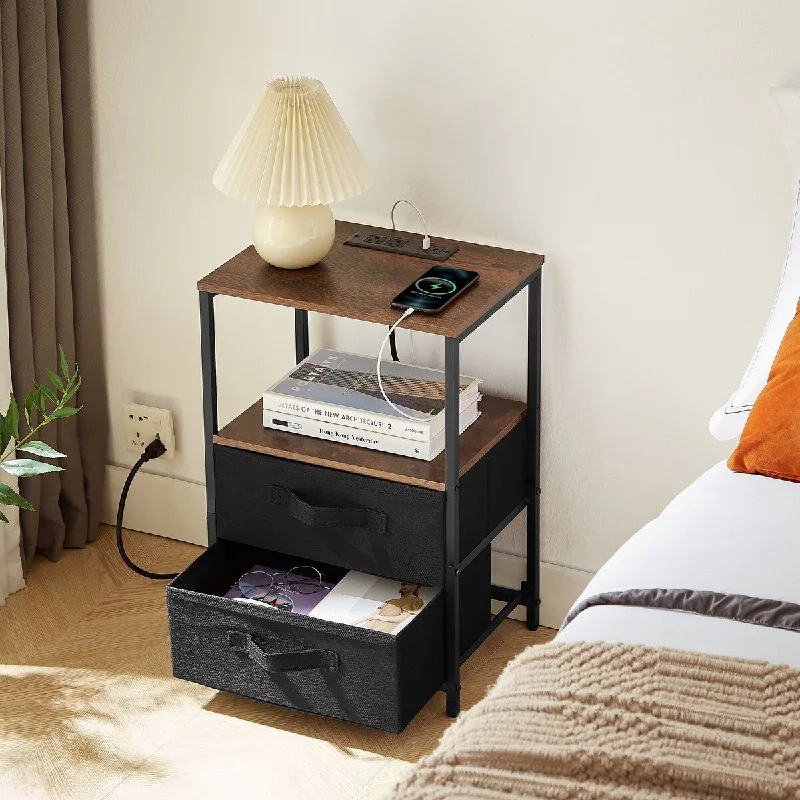 End Table with Charging Station,Nightstand with USB Port,Outlet and Fabric Bag,2 Drawers,Open Storage Shelf Side Table