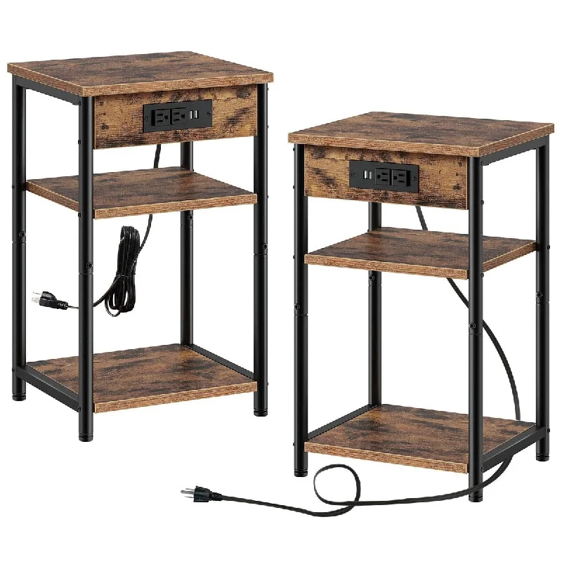 End Table with Charging Station, Set of 2 Nightstand with 3 Storage Shelf, Narrow Side Table with USB Ports & Power Outlets