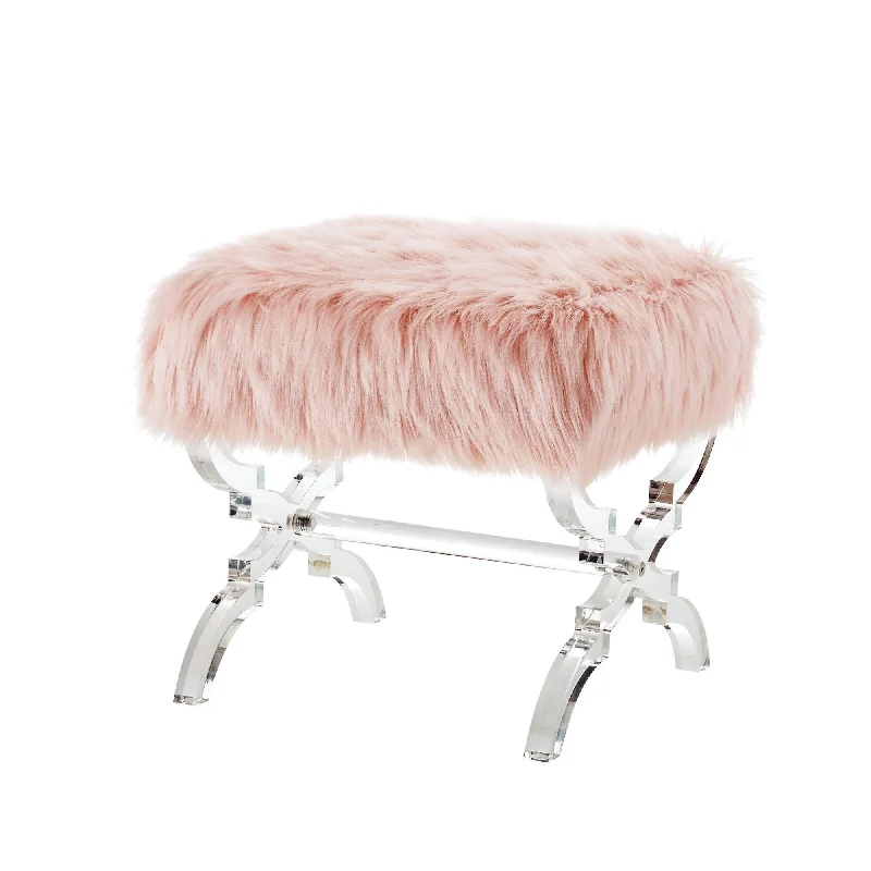 Faux Fur Ottoman - Rose / Clear