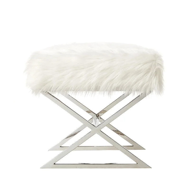 Faux Fur Ottoman - White / Silver