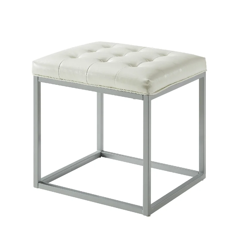 Faux Leather Cube Ottoman - Cream / Gray