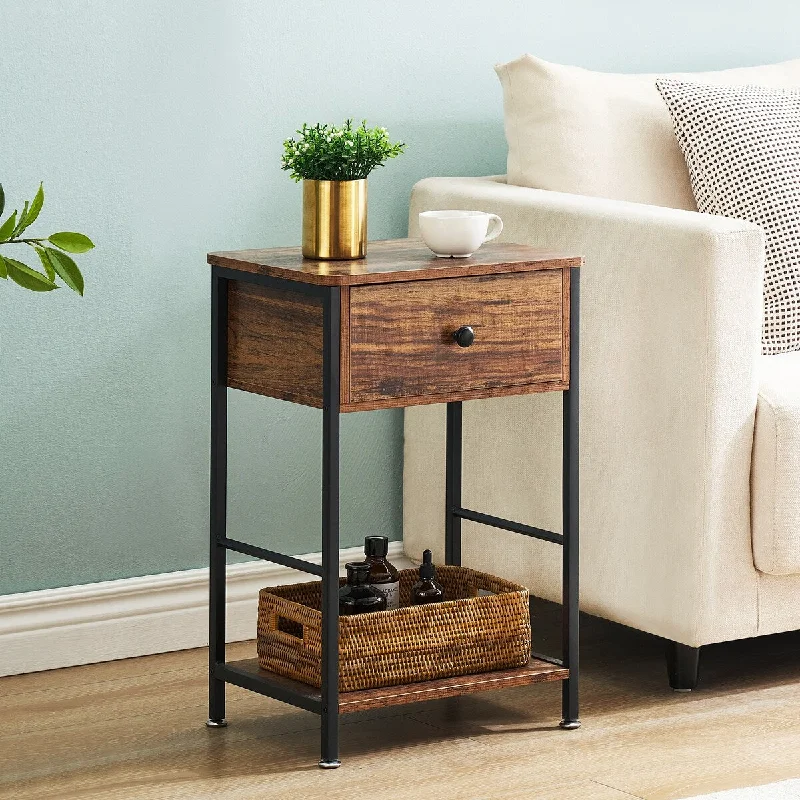 Industrial Nightstand End Table with Drawers and Storage Rack