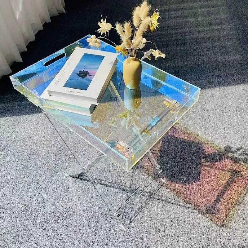 Iridescent Acrylic Folding Tray Table, Modern Chic Rainbow Acrylic Side Table Rectangle End Table Coffee Table