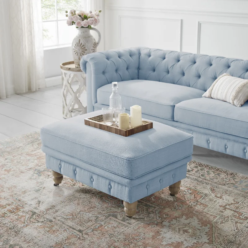 Linen Rolling Tufted Cocktail Ottoman - Light Blue / Natural