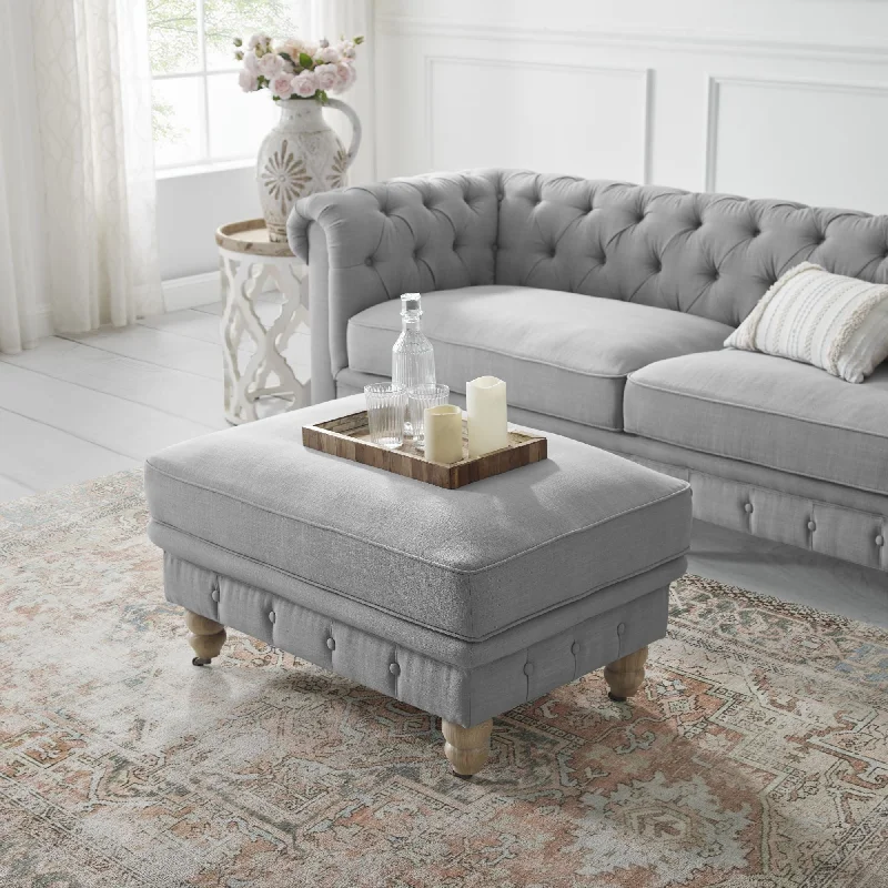 Linen Rolling Tufted Cocktail Ottoman - Light Gray / Natural