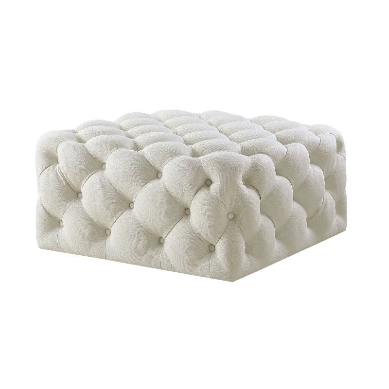 Linen Rolling Tufted Cocktail Ottoman - White