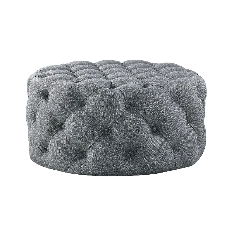 Linen Rolling Tufted Round Cocktail Ottoman - Light Gray