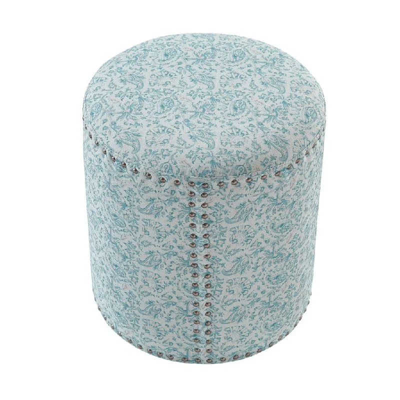 Linen Round Floral Ottoman - Blue