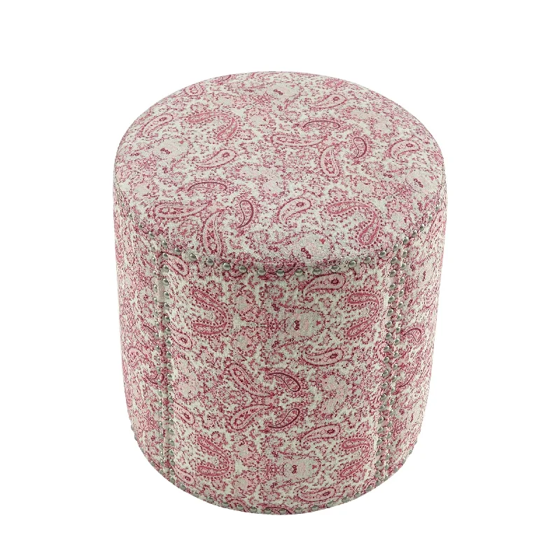 Linen Round Floral Ottoman - Red