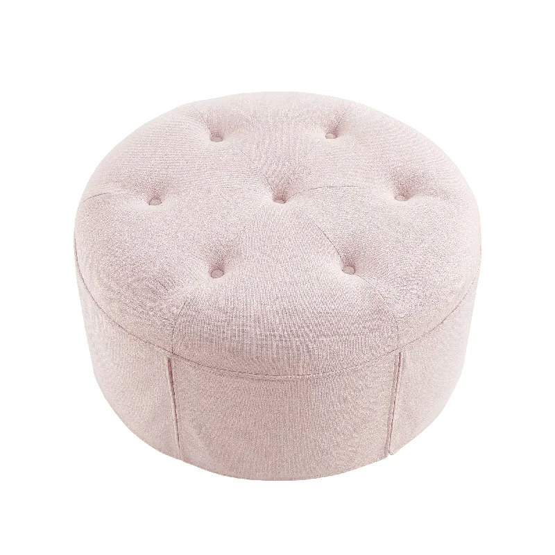 Linen Tufted Round Cocktail Ottoman - Light Pink