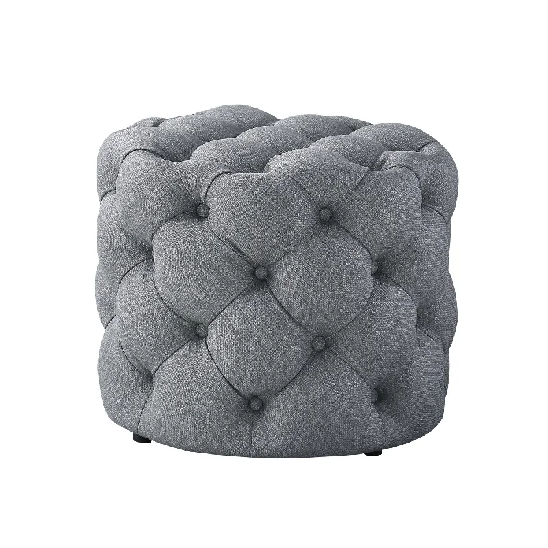 Linen Tufted Round Ottoman - Light Gray