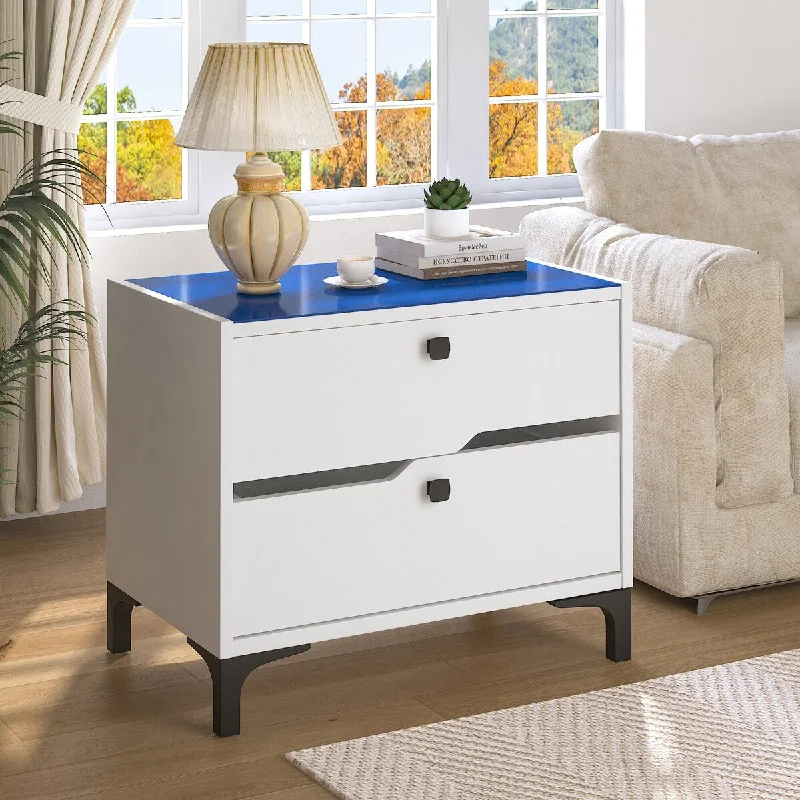 Mieres Modern Nightstand with LED Light and Storage Drawers, White Side Table End Table