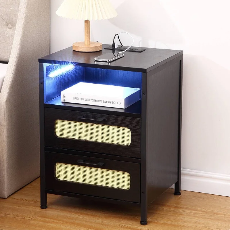 Modern End Table, Nightstand with USB Ports & Outlets