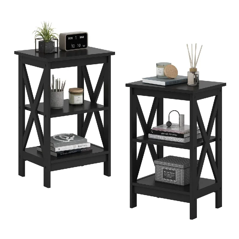 Modern Set of 2 End Table, Versatile 3-Tier Nightstand Desk Storage Shelf Coffee Side Beside Table Furniture with X-Design