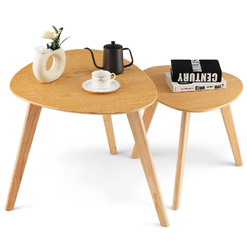 Nesting End Table Set of 2, Triangle Rubber Wood Side Table, Free Combination Coffee Table, Modern Compact Nightstand