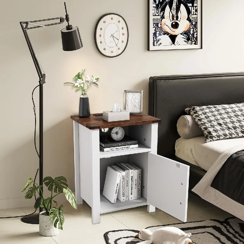 Night Stand Farmhouse Nightstand 18 Inch with Charging Station USB Type C Port, Modern Couch End Table Side Table