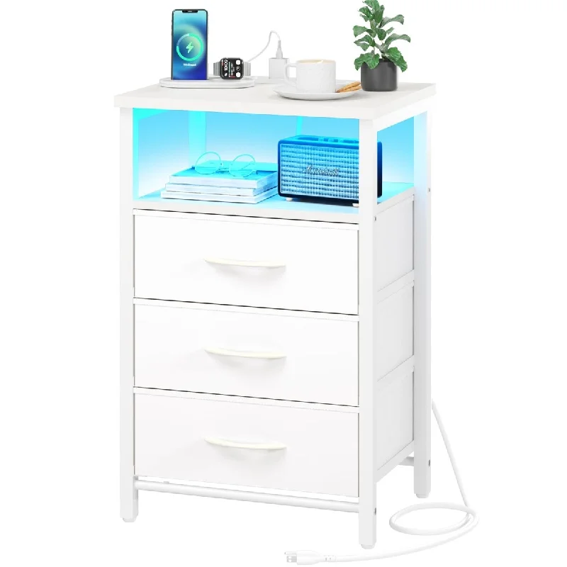 Night Stand with Charging Station,16 Colors LED Nightstand with USB Ports,End Table with 3 Fabric Drawers and Storage Shelf