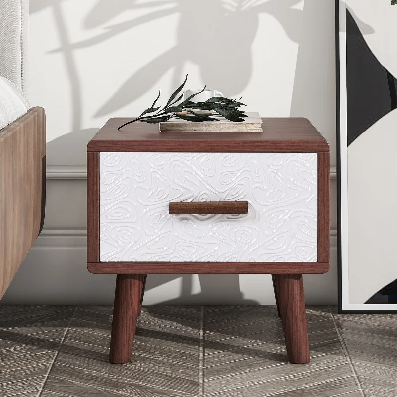 Nightstand End Table with 1 Drawer Adorned with Embossed Patterns